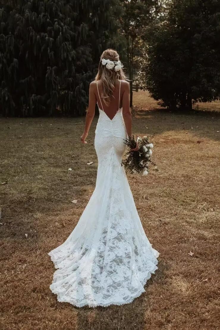 Wedding Dress Mermaid Boho Lace V-Neck Backless Beach Bridal Dress for Bride Formal Women's Dresses