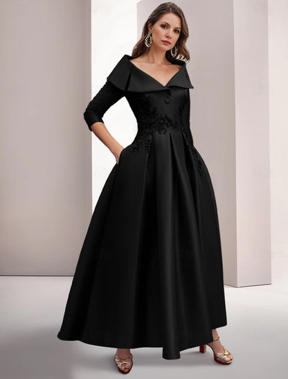 Evening Dress A-Line Gown Embroidered Vintage Christmas Dress Formal Floor Length 3/4 Length Sleeve Shirt Collar Satin Appliques Elegant Fall November December Wedding Guest Dress