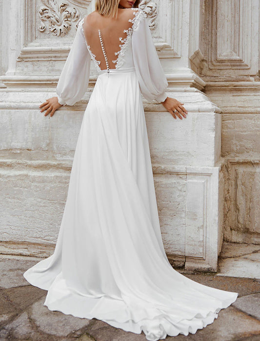 Beach Fall Wedding Dresses A-Line Off Shoulder Long Sleeve Court Train Chiffon Bridal Gowns With Appliques Solid Color