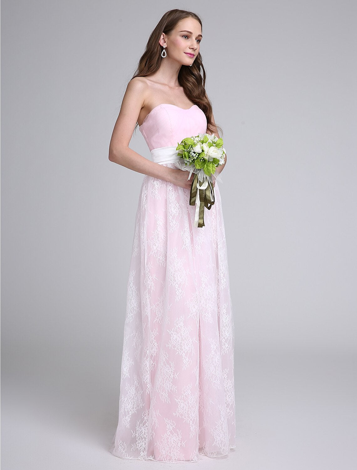 Sheath / Column Bridesmaid Dress Strapless Sleeveless Elegant Floor Length Lace / Tulle with Lace / Sash / Ribbon / Criss Cross