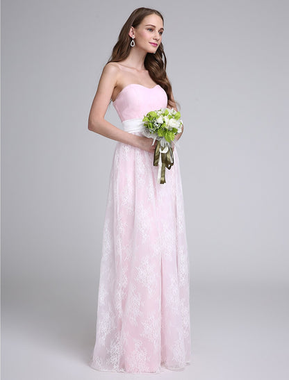 Sheath / Column Bridesmaid Dress Strapless Sleeveless Elegant Floor Length Lace / Tulle with Lace / Sash / Ribbon / Criss Cross