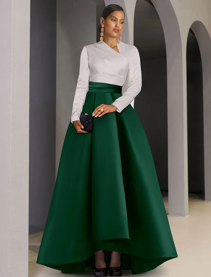 Evening Dress A-Line Formal Wedding Guest Asymmetrical Long Sleeve V Neck Pocket Satin with Pocket Elegant Fall November December Wedding Guest Dress