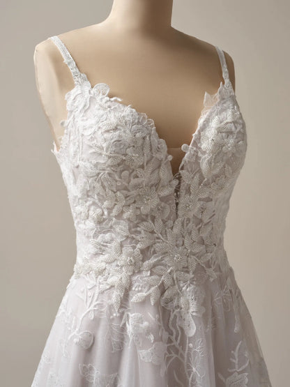 Wedding Dress A-Line V-Neck Sleeveless Spaghetti Straps Beaded Floral Lace Tulle Bridal Gown Formal Wear Dress