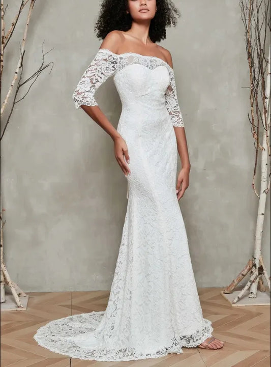 Fall November December New Pattern Wedding Dress Off Shoulder Lace Up Back Half Sleeve Dress