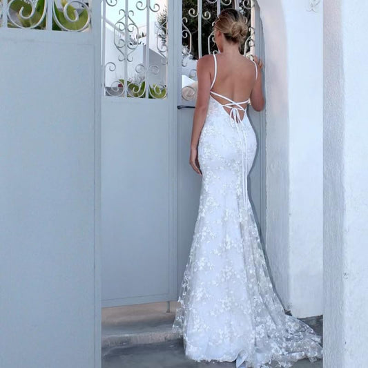 Wedding Dress Lace Applique Spaghetti Straps Mermaid V Neck Open Back Bodycon Long Bridal Gown Formal Women's Dresses