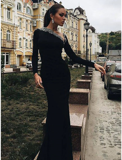 Mermaid / Trumpet Evening Gown Open Back Dress Engagement Cocktail Party Floor Length Long Sleeve V Neck Stretch Fabric with Crystals Beading