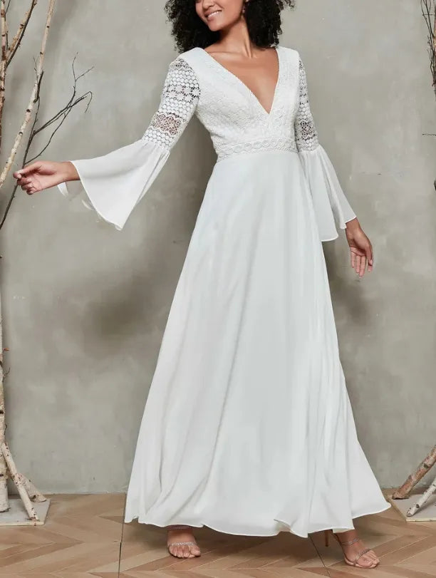 Fall November December New Pattern Wedding Dress V Neck Long Sleeves Chiffon Simple Dress