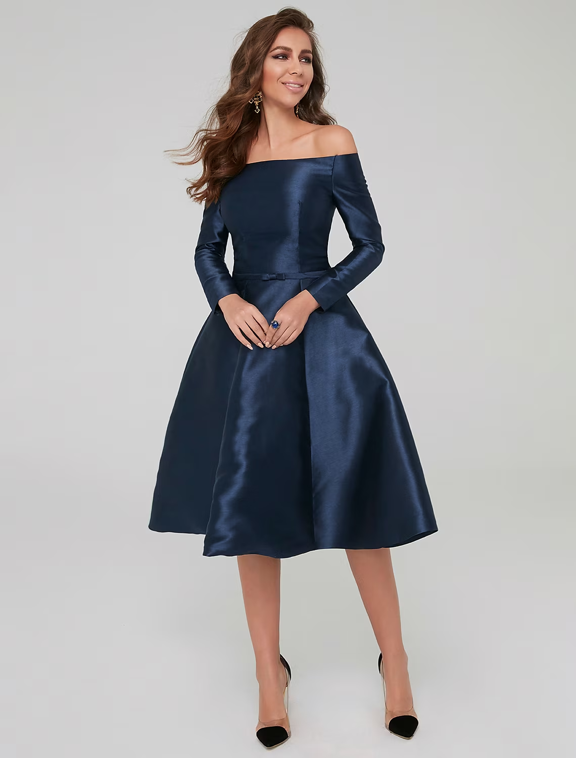 A-Line Special Occasion Dresses Party Dress Wedding Guest Knee Length Long Sleeve Off Shoulder Satin with Pleats