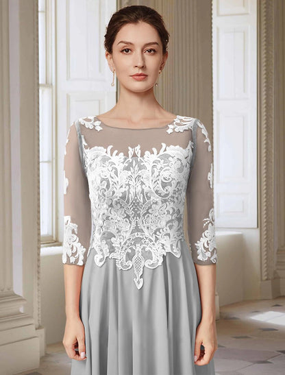 Formal Wedding Guest Elegant Jewel Neck Asymmetrical Ankle Length Chiffon Lace 3/4 Length Sleeve with Appliques Mother of the Bride Dress