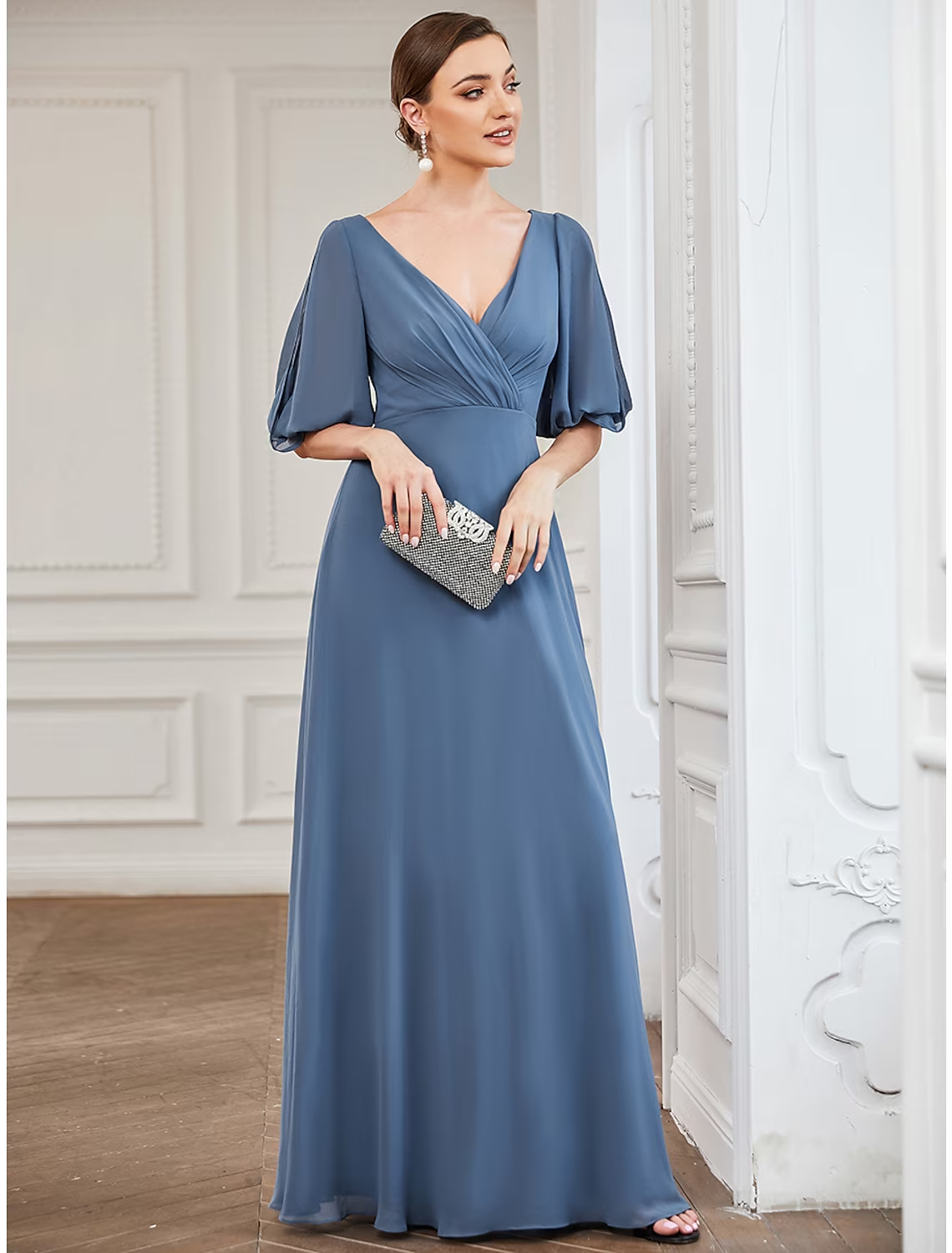 A-Line Evening Gown Minimalist Dress Wedding Guest Floor Length Half Sleeve V Neck Chiffon with Pleats Mother of the Bride Dresses