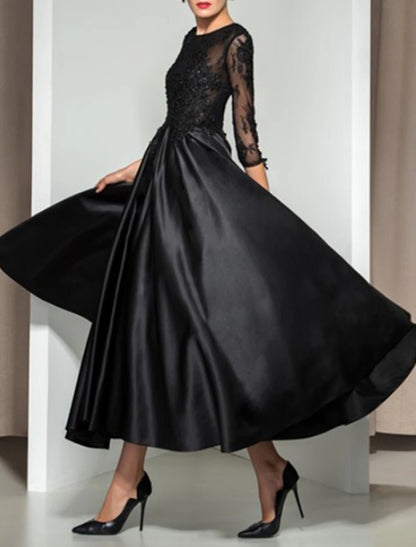 A-Line Elegant Cocktail Party Formal Evening Dress Illusion Neck 3/4 Length Sleeve Ankle Length Lace with Appliques