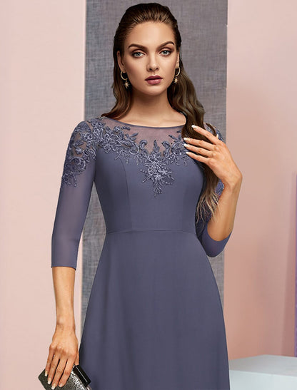 A-Line Mother of the Bride Dress Formal Elegant Jewel Neck Floor Length Chiffon Lace 3/4 Length Sleeve with Sequin Appliques