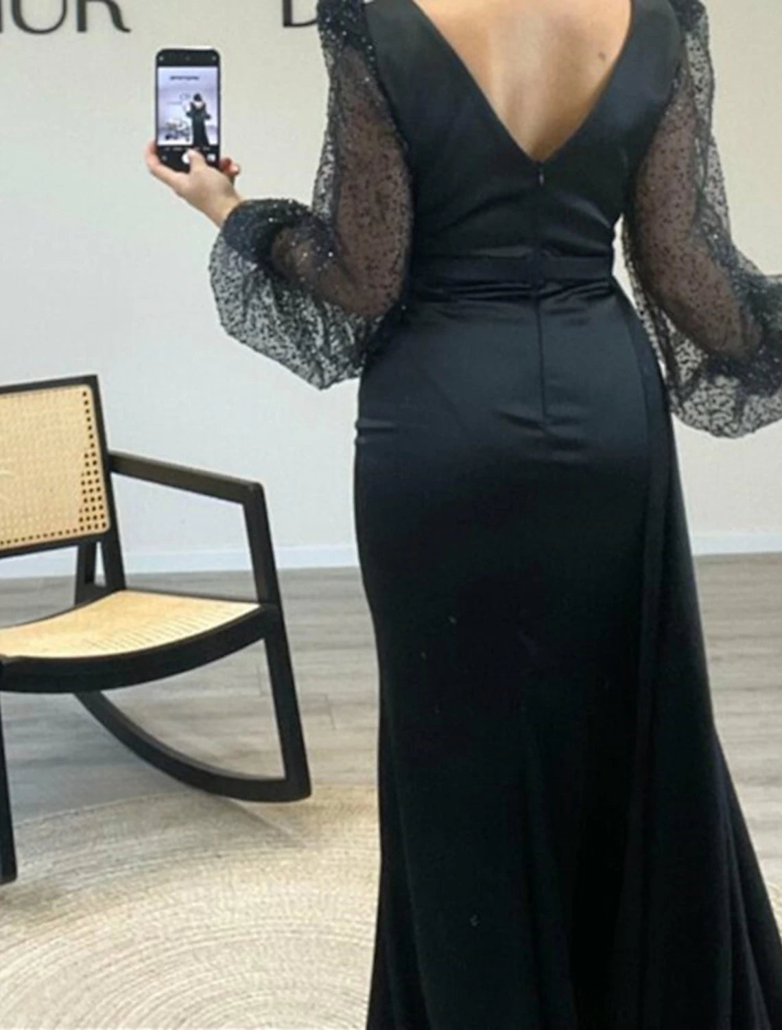 A-Line Evening Gown Black Dress Plus Size Sparkle & Shine Dress Formal Cocktail Party Court Train Long Sleeve V Neck Belt / Sash Charmeuse with Ruched Sequin Slit