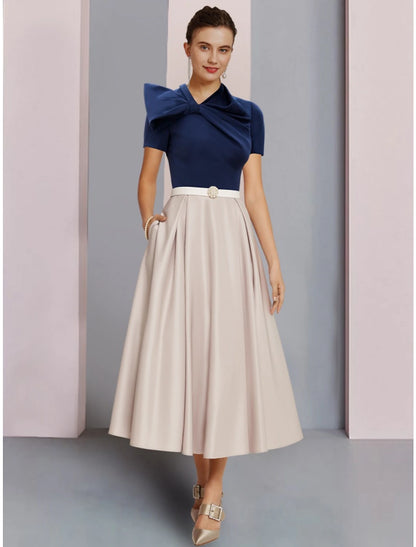 A-Line Mother of the Bride Dress Wedding Guest Elegant Jewel Neck Tea Length Satin Short Sleeve with Bow(s) Crystal Brooch Ruching