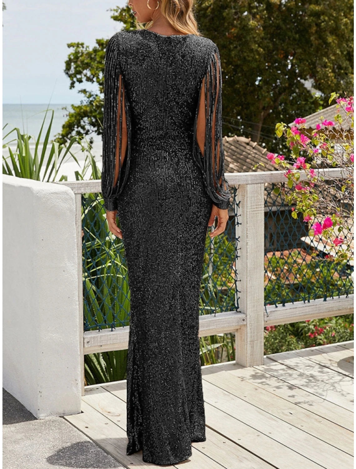 Sheath / Column Evening Gown Sparkle & Shine Dress Wedding Guest Party Wear Sweep / Brush Train Long Sleeve V Neck Sequined with Glitter Pleats