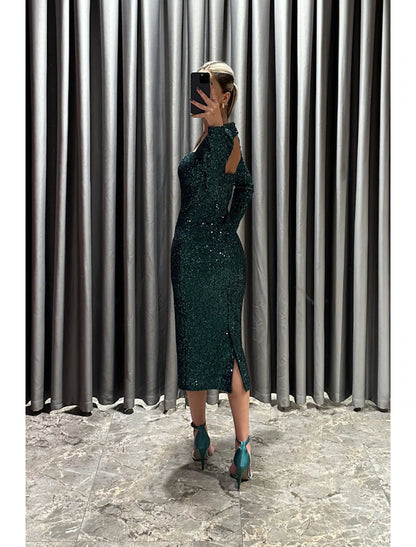 Sheath / Column Evening Gown Elegant Dress Formal Fall Tea Length Long Sleeve Square Neck Sequined with Glitter Slit