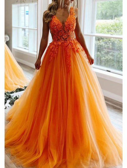 A-Line Prom Dresses Open Back Dress Formal Wedding Guest Floor Length Sleeveless V Neck Tulle Backless with Pleats Beading Appliques