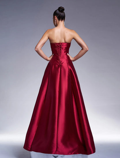 Evening Dress A-Line Glittering Satin Dress Formal Floor Length Long Sleeve Strapless with Bow(s) Fall November December Wedding Guest Dress