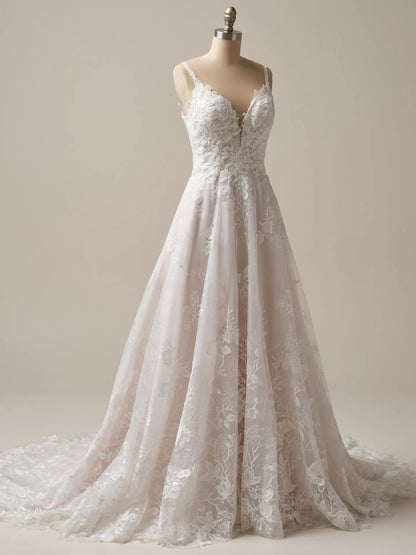 Wedding Dress A-Line V-Neck Sleeveless Spaghetti Straps Beaded Floral Lace Tulle Bridal Gown Formal Wear Dress