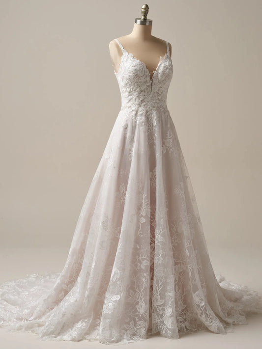 Wedding Dress A-Line V-Neck Sleeveless Spaghetti Straps Beaded Floral Lace Tulle Bridal Gown Formal Wear Dress