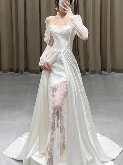 Wedding Dress A Line Lace Long Sleeves Satin Long Formal Dresses