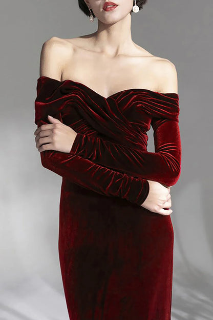 December Wedding Guest Dress Velvet Off the Shoulder Long Sleeves Floor Length Elegant Evening Dress