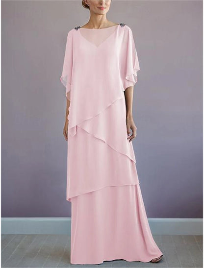 A-Line Mother of the Groom / Bride Dress Bateau Neck Floor Length Chiffon Half Sleeve with Ruffles Draping Tier Elegant Plus Size Formal Fall November Wedding Guest Dress