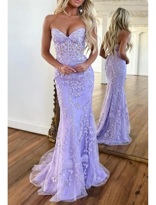 Mermaid / Trumpet Glittering Dress Sleeveless Strapless Lace Backless Prom Dresses with Appliques Fall November December Wedding Guest Dress