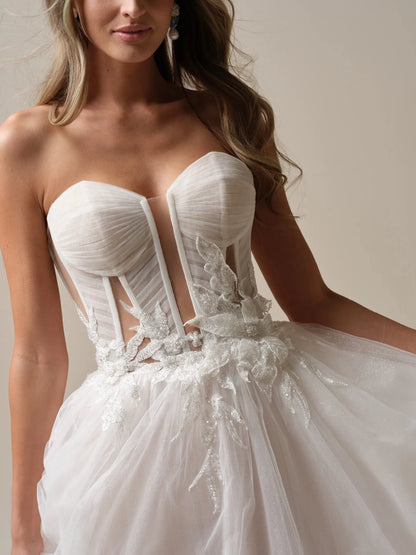 Wedding Dress A-Line Sweetheart Neckline Off-the-Shoulder Sleeveless 3-D Floral Beaded Bridal Gown Formal Wear Dress