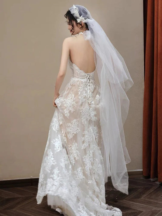 Wedding Dress V Neck A Line Lace Backless Elegant Formal Dresses