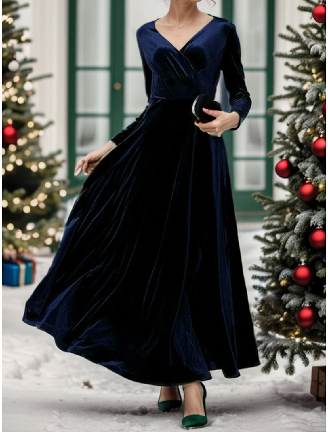 Christmas Fall Winter Velvet Dress Party Dress Velvet Ruched V Neck Long Sleeve Elegant Winter Dress