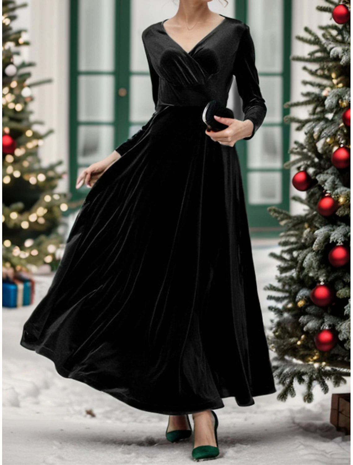 Christmas Fall Winter Velvet Dress Party Dress Velvet Ruched V Neck Long Sleeve Elegant Winter Dress