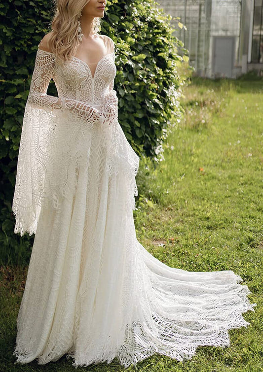 Wedding Dress Bohemian for Bride Long Sleeves Plus Size Lace Beach Bridal Gowns Wedding Gowns Formal Women's Dresses