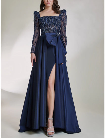 A-Line Prom Dresses Elegant Dress Formal Sweep / Brush Train Long Sleeve Square Neck Satin with Bow(s) Sequin Slit