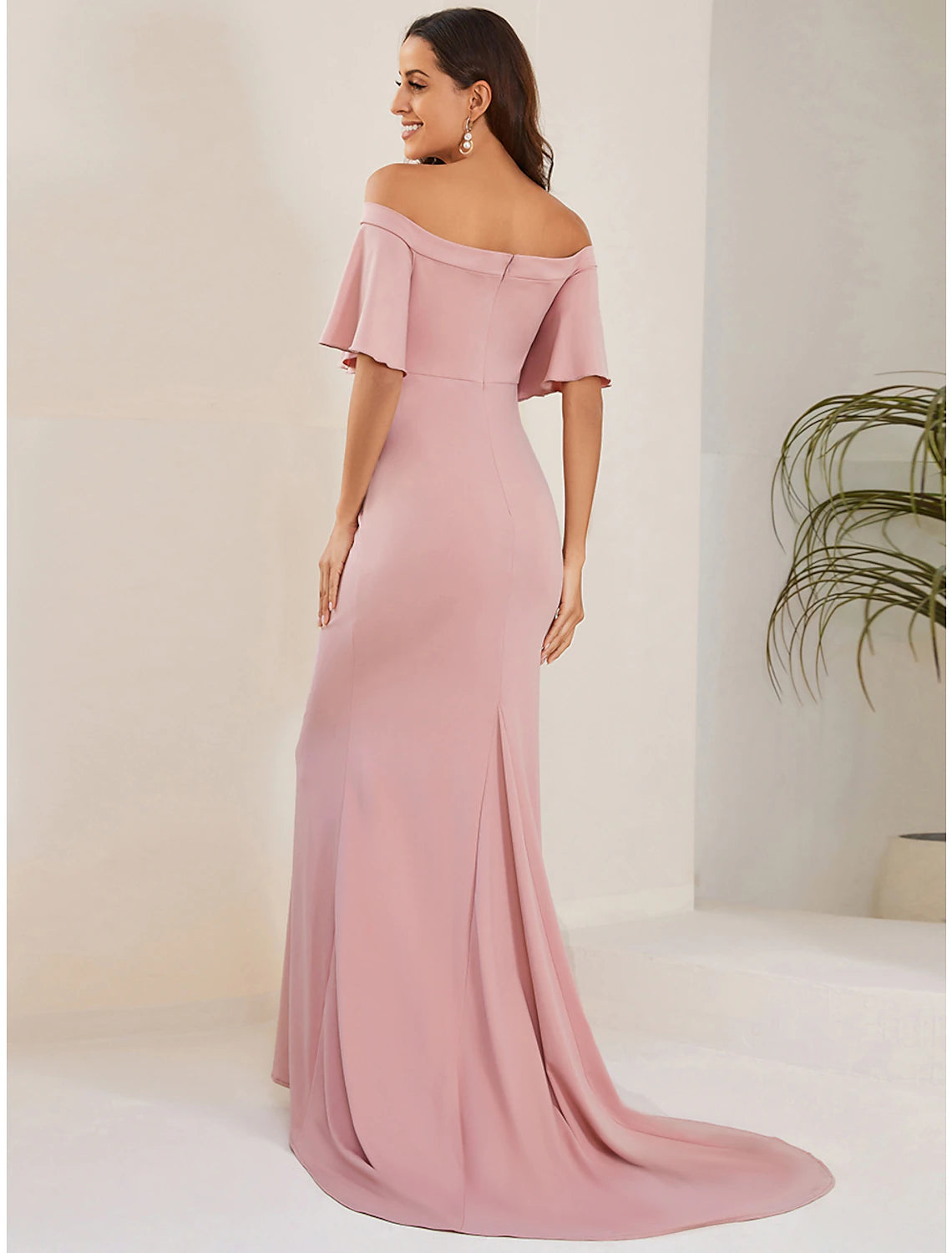 Mermaid / Trumpet Maternity Dresses Maternity Dress Formal Wedding Party Court Train Short Sleeve Off Shoulder Stretch Fabric with Ruched Pure Color