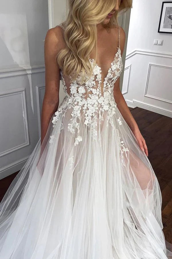 Wedding Dress A Line V Neck Spaghetti StrapLace Tulle Appliques Side Fork Formal Dresses