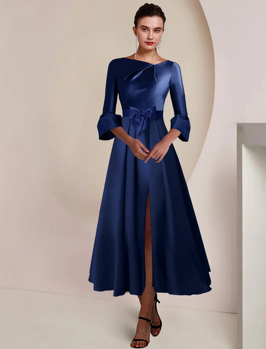 A-Line Mother of the Bride Dress Formal Wedding Guest Party Elegant Bateau Neck Tea Length Satin 3/4 Length Sleeve with Bow(s) Split Front