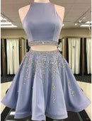 Two Piece Homecoming Dresses Elegant Dress Holiday Graduation Short / Mini Sleeveless Jewel Neck Satin with Beading