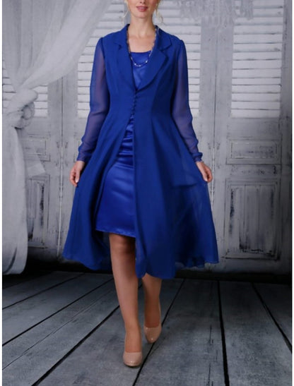 Two Piece A-Line Mother of the Bride Dress Wedding Guest Simple Elegant Shirt Collar Tea Length Chiffon Long Sleeve with Pleats Solid Color