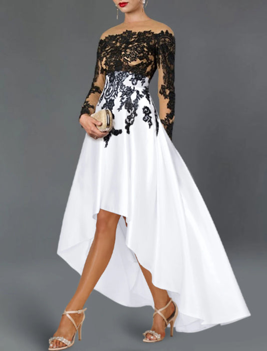 A-Line Cocktail Dresses Elegant Dress Wedding Party Semi Formal Asymmetrical 3/4 Length Sleeve Off Shoulder Fall Wedding Guest Satin with Beading Embroidery Appliques