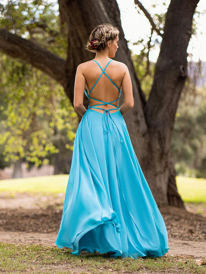 Bridesmaid Dress Straight Across Chiffon Floor Length Cutout Back Prom Dress