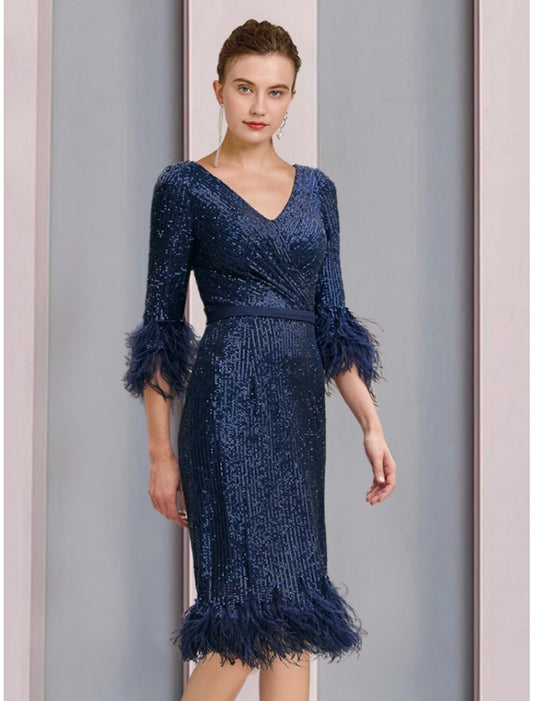 A-Line Mother of the Bride Dress Wedding Guest Sparkle & Shine Petite V Neck Knee Length Sequined Half Sleeve with Feather Ruching Solid Color