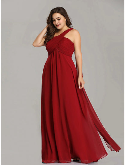 A-Line Evening Gown Empire Dress Formal Evening Floor Length Sleeveless One Shoulder Bridesmaid Dress Chiffon Backless with Pleats Draping