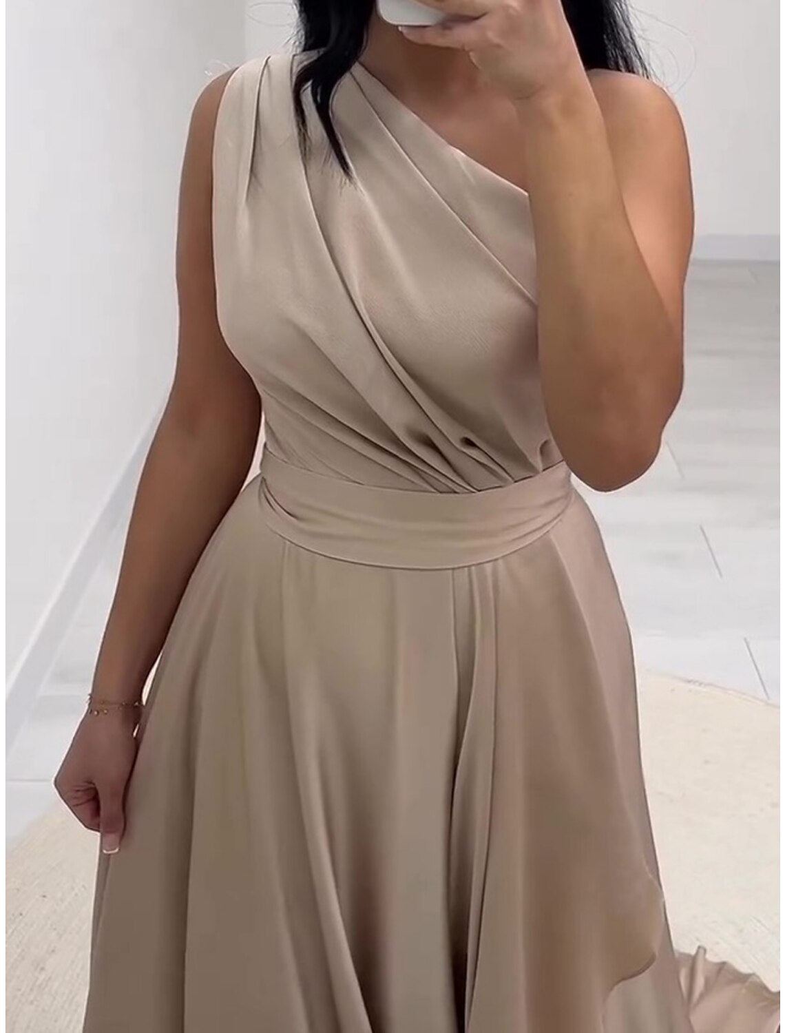 A-Line Evening Gown Elegant Dress Formal Chapel Train Sleeveless One Shoulder Charmeuse with Pleats Slit