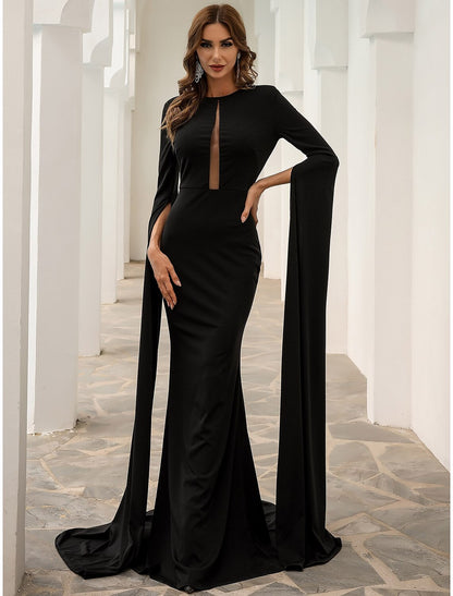 Mermaid / Trumpet Evening Gown Elegant Dress Formal Fall Court Train Long Sleeve Jewel Neck Stretch Fabric with Pleats