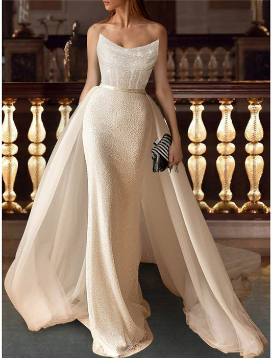 Reception Formal Wedding Dresses Mermaid / Trumpet Sweetheart Sleeveless Court Train Lace Bridal Gowns With Pleats Pearls