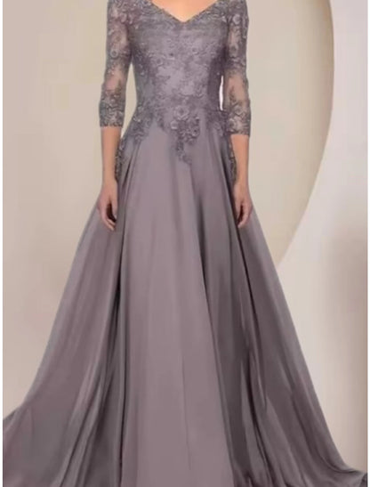 A-Line Mother of the Bride Dress Wedding Guest Elegant V Neck Floor Length Chiffon Lace Half Sleeve with Ruching Solid Color