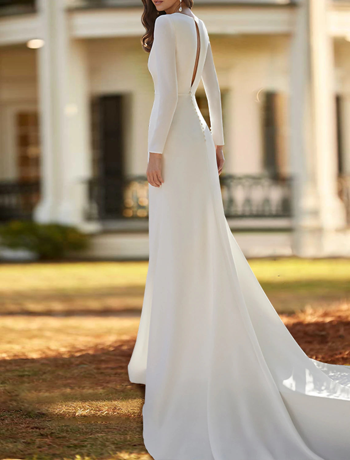 Hall Casual Wedding Dresses Sheath / Column V Neck Long Sleeve Court Train Stretch Fabric Bridal Gowns With Ruched Split Front