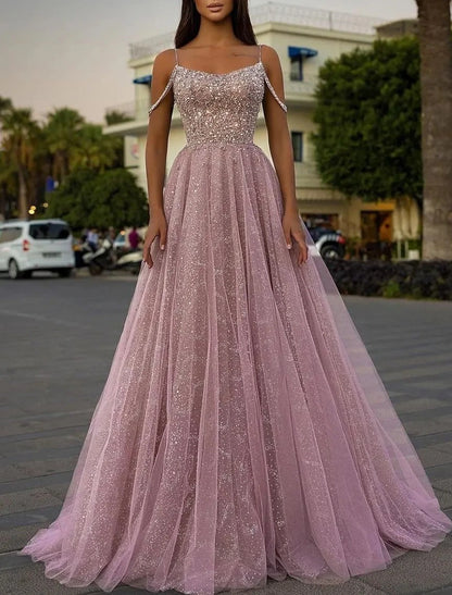 A-Line Sparkle & Shine Puffy Prom Birthday Dress Spaghetti Strap Sleeveless Sweep / Brush Train Sequined with Sequin