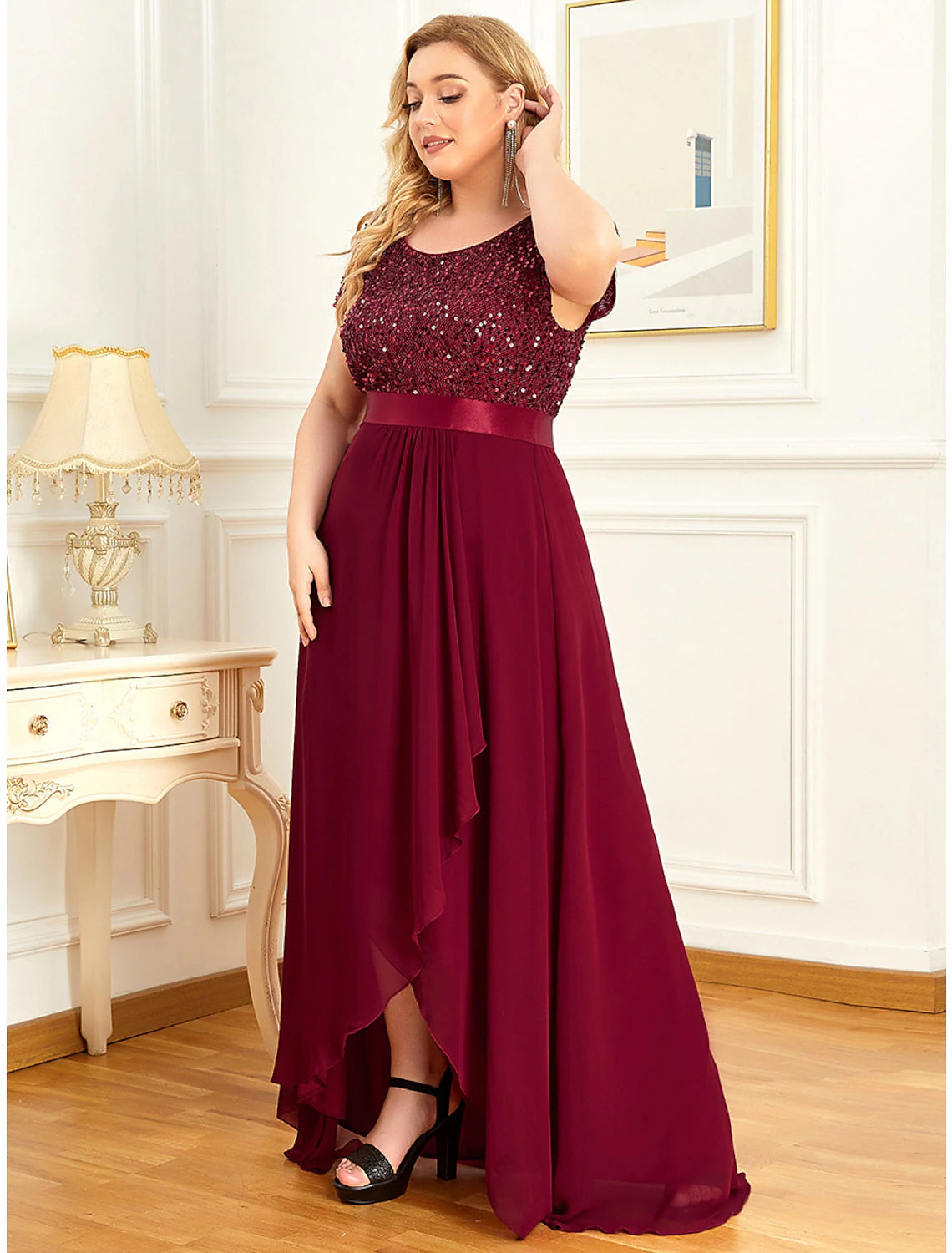 A-Line Plus Size Elegant Homecoming Formal Evening Dress Jewel Neck Short Sleeve Asymmetrical Chiffon with Sequin